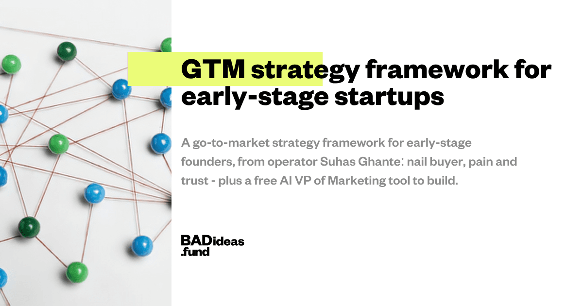 Cover graphic for \"GTM strategy framework for early-stage startups\" — a network of connected nodes illustrating a go-to-market strategy framework, with the BADideas.fund logo.